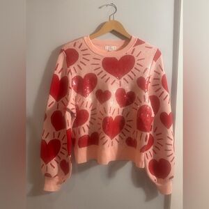 Marled Pink Sweater with Red Sequin Hearts valentine’s sweetheart sweater Large